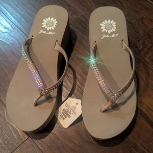 NWT- Yellow Box sz. 7 Colorful Rhinestone Wedge Flip Flop